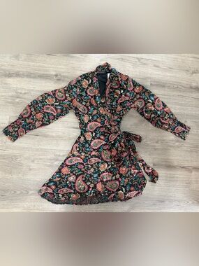 New York & Company Black Wrap Floral Dress with Teal, Pink and Green Accents